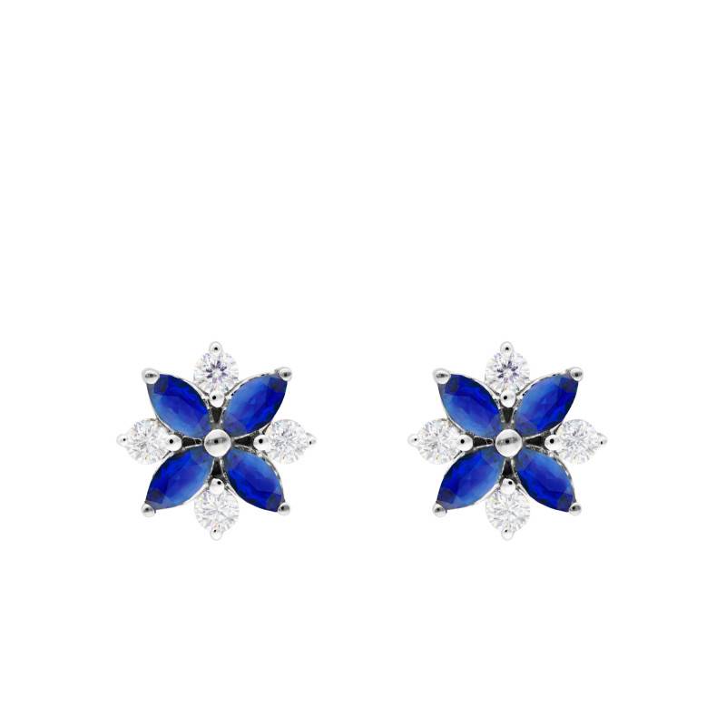 375/1000 or 750/1000 White Gold, Diamonds & Sapphires Flower Stud Earrings - Aurora