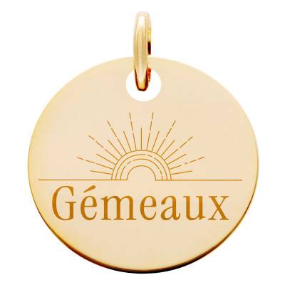 Médaille Zodiaque Gémeaux & Soleil Plaqué Or Jaune, Diamètre 19 mm - Lumiosa