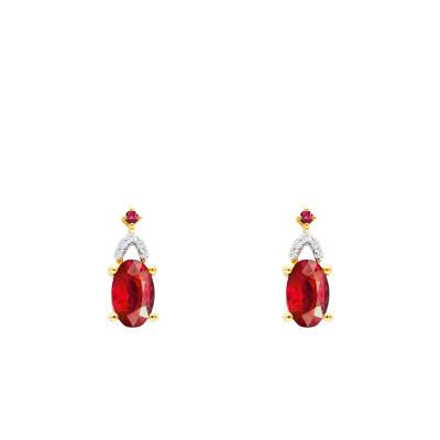 Boucles d'Oreilles Ovales Rubis, Diamants & Or Jaune 375 ou 750 - Aurora