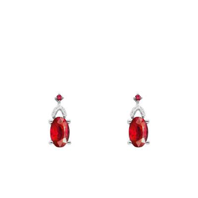 Boucles d'Oreilles Ovales Rubis, Diamants & Or Blanc 375 ou 750 - Aurora