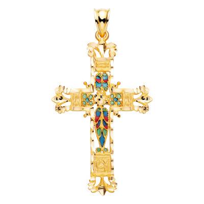 Croix Filigrane Vitrail en Or Jaune 750, Dimension 28 x 44 mm - Lumiosa