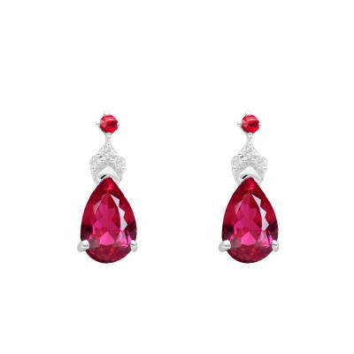 Boucles d'Oreilles Poires Rubis, Diamants & Or Blanc 375 ou 750 - Aurora