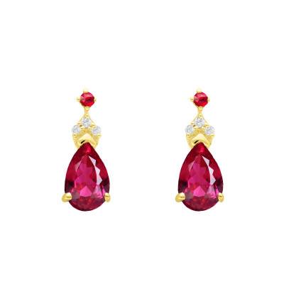 Boucles d'Oreilles Poires Rubis, Diamants & Or Jaune 375 ou 750 - Aurora