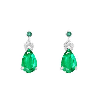 Boucles d'Oreilles Poires Emeraudes, Diamants & Or Blanc 375 ou 750 - Aurora