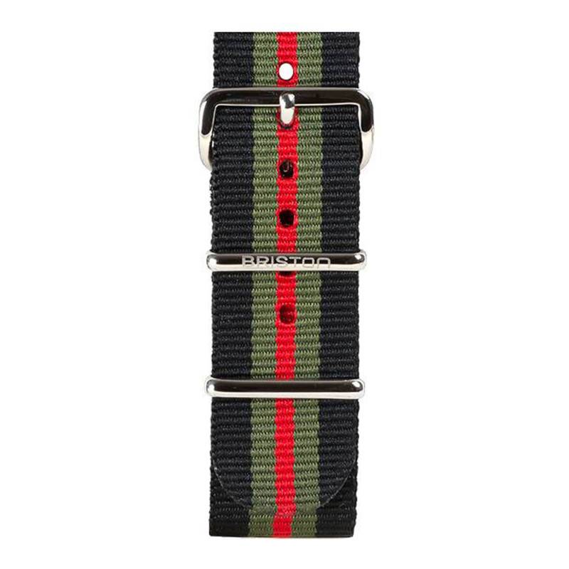 Striped Black/Khaki/Red NATO Strap 20mm, 280mm Length, Steel Buckle - Briston