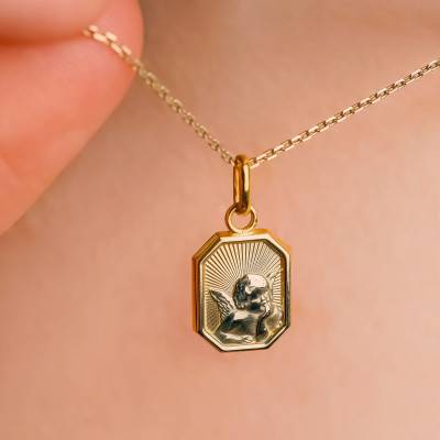 Médaille Mini Octogonale Ange Raphaël en Or Jaune 750 - Augis