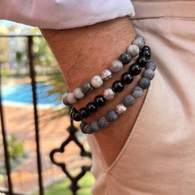 Silver & Crackled Black Agate Bracelet - Lauren Steven