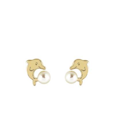 750 Yellow Gold & Cultured Pearl Dolphin Stud Earrings - Bambins
