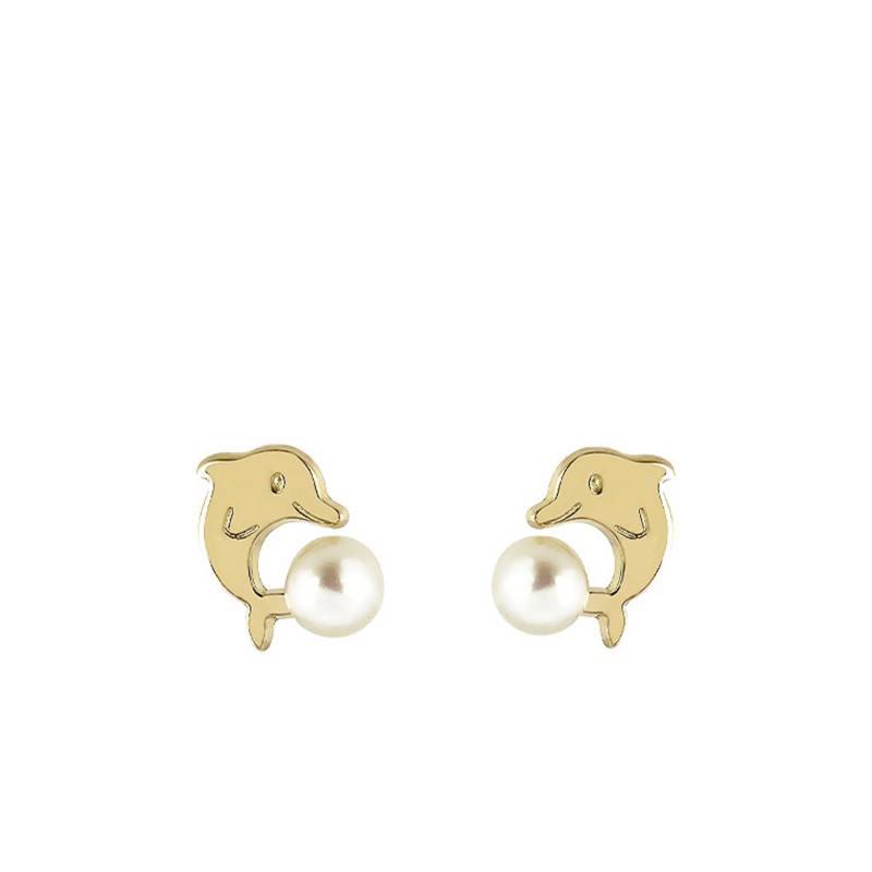 750 Yellow Gold & Cultured Pearl Dolphin Stud Earrings - Bambins
