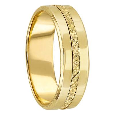 Yellow 750/1000 Gold Standard Ribbon Bali Wedding Ring with Diamond-Cut Groove, Width 6 mm - Ponce