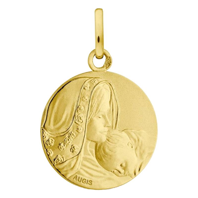 750/1000 Yellow Gold Floral Virgin and Child Medal, 16 mm Diameter - Augis