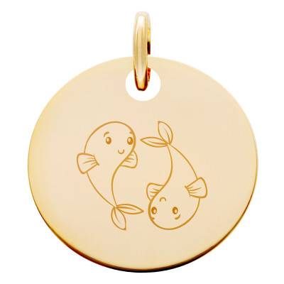 Médaille Zodiaque Poissons Enfantins Plaqué Or Jaune, Diamètre 15 mm - Lumiosa