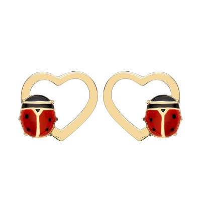 Boucles d'Oreilles Coeurs et Coccinelles en Or Jaune 375 - Bambins