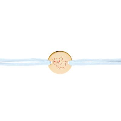 Yellow Gold-Plated Chinese Zodiac Pig Sign Medal Cord Bracelet, Adjustable Length - Lumiosa