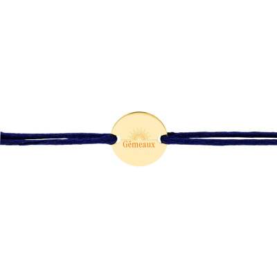 Bracelet Cordon Médaille Zodiaque Gémeaux & Soleil Plaqué Or Jaune, Longueur Ajustable - Lumiosa