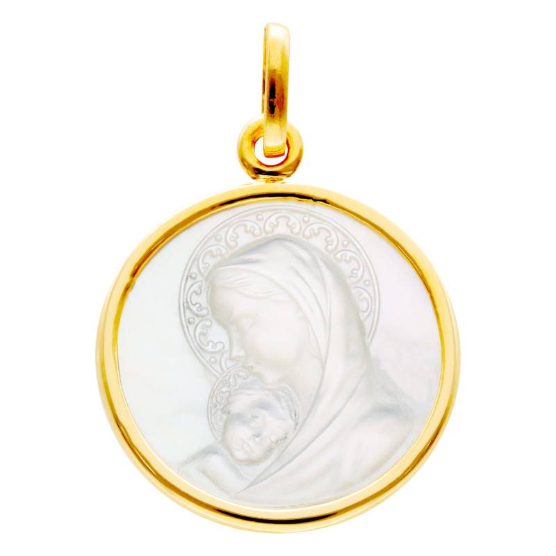 750 Yellow Gold & Mother-of-Pearl Virgin and Child Medal, 18 mm Diameter - Argyor