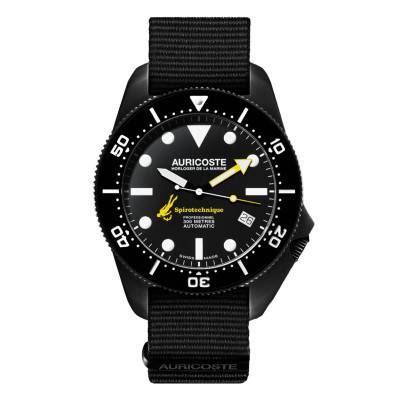 Spirotechnique 300M Black DLC Index Dial Watch Gift Set NATO and Tropic Bracelet A9201 - Auricoste
