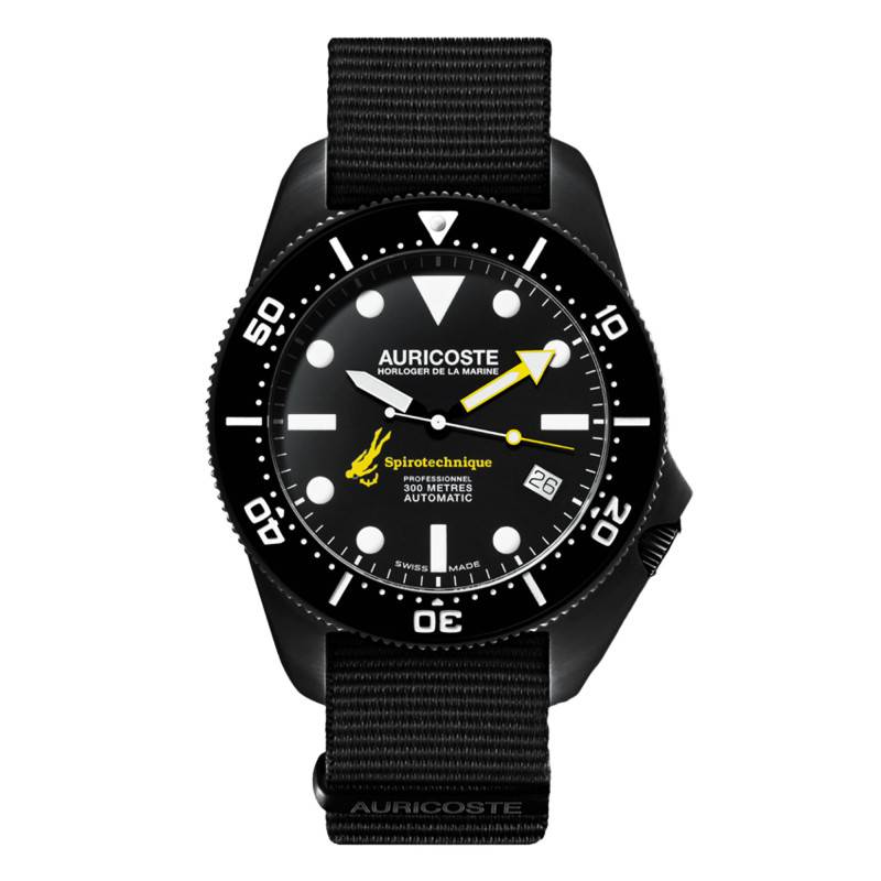Spirotechnique 300M Black DLC Index Dial Watch Gift Set NATO and Tropic Bracelet A9201 - Auricoste