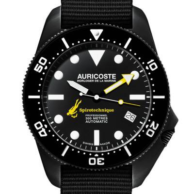 Coffret Montre Spirotechnique 300M Black DLC Cadran Index Bracelet Nato et Tropic A9201 - Auricoste