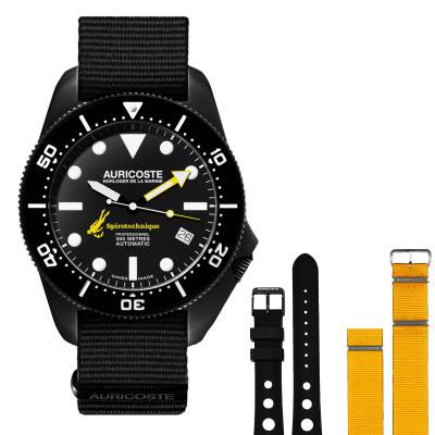 Coffret Spirotechnique 300M Black DLC Cadran Index Bracelet Nato et Tropic A9201 - Auricoste