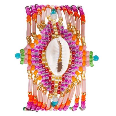 Chokohona Multi-Link & Multicolor Beads and Cowrie Cuff, Length 17 cm - Hipanema