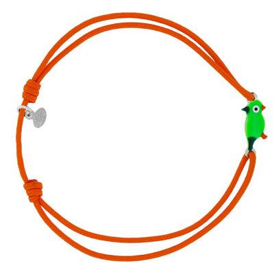 Bracelet Cordon Orange & Perroquet en Email, Argent 925 Rhodié, Ajustable - Bambins