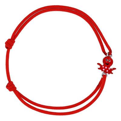Bracelet Cordon Rouge & Pieuvre en Email, Argent 925 Rhodié, Ajustable - Bambins