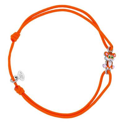 Bracelet Cordon Orange & Tigre en Email, Argent 925 Rhodié, Ajustable - Bambins