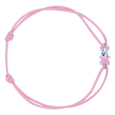 Bracelet Cordon Rose & Lapin en Email, Argent 925 Rhodié, Ajustable - Bambins