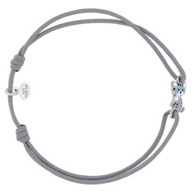 Gray Cord 925 Rhodium-Plated Silver & Enamel Cat Bracelet, Adjustable - Bambins