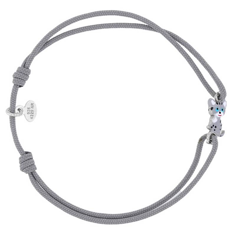 Gray Cord 925 Rhodium-Plated Silver & Enamel Cat Bracelet, Adjustable - Bambins