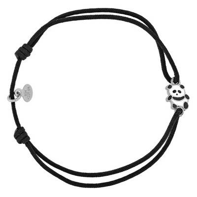 Bracelet Cordon Noir & Panda en Email, Argent 925 Rhodié, Ajustable - Bambins