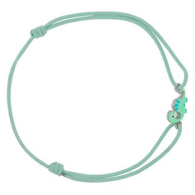 Bracelet Cordon Vert d'Eau & Dinosaure en Email, Argent 925 Rhodié, Ajustable - Bambins