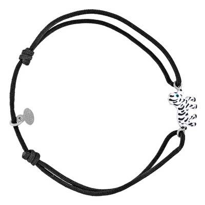 Bracelet Cordon Noir & Zèbre en Email, Argent 925 Rhodié, Ajustable - Bambins