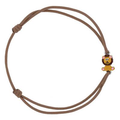 Bracelet Cordon Marron & Lion en Email, Argent 925 Rhodié, Ajustable - Bambins