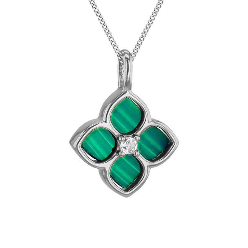 925 Sterling Silver Rhodium-Plated Flower Pendant with Malachite & Cubic Zirconia - Emanessence