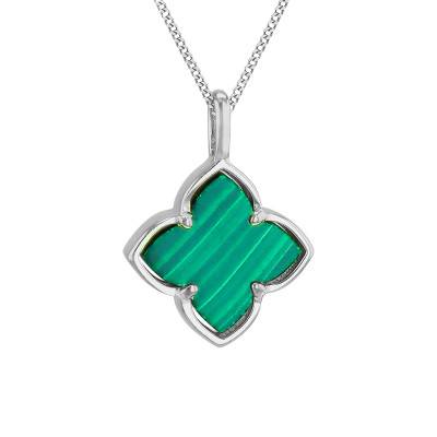 925 Sterling Silver Rhodium-Plated Flower Pendant with Malachite & Cubic Zirconia - Emanessence