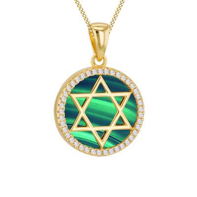 Pendentif Etoile de David en Malachite & Zircones, Argent 925 Plaqué Or Jaune - Emanessence