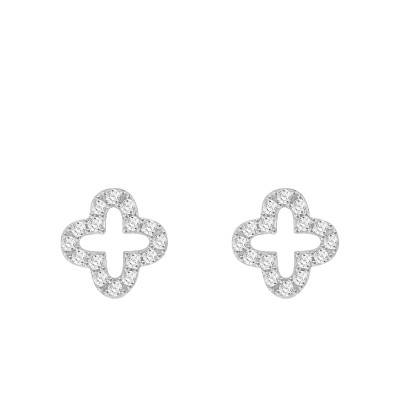 Boucles d'Oreilles Trèfles & Zircones en Or Blanc 375 - Emanessence