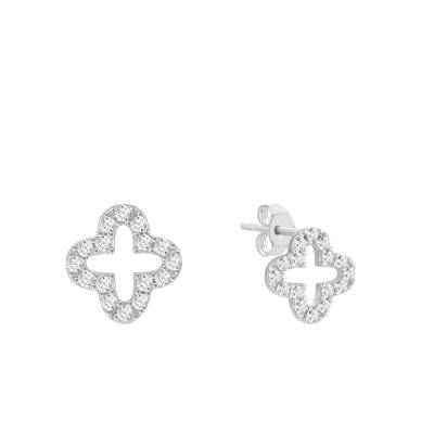 Boucles d'Oreilles Trèfles & Zircones en Or Blanc 375 - Emanessence