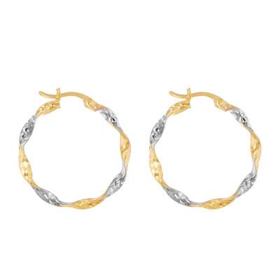 Twisted Hammered Hoop Earrings in 2-Tone 375 Gold, 24 mm Diameter - Emanessence