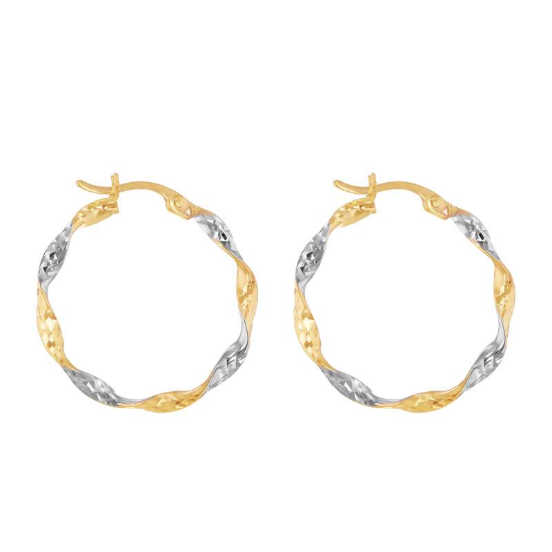 Twisted Hammered Hoop Earrings in 2-Tone 375 Gold, 24 mm Diameter - Emanessence