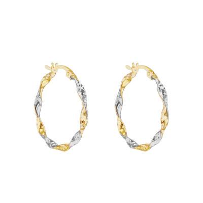 Twisted Hammered Hoop Earrings in 2-Tone 375 Gold, 24 mm Diameter - Emanessence