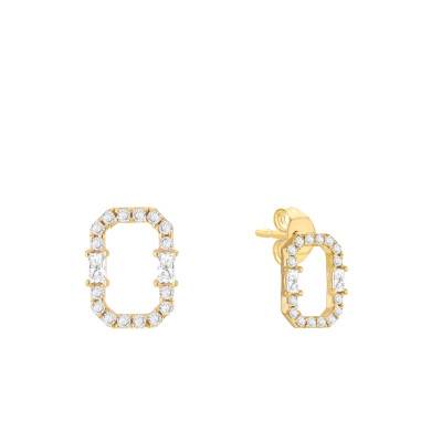 375/1000 Yellow Gold & Cubic Zirconia Openwork Rectangle Stud Earrings - Emanessence