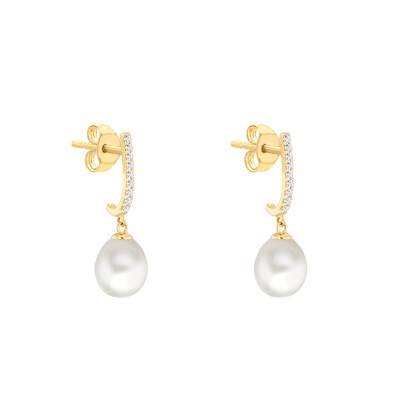 Boucles d'Oreilles Pendantes Perles d'Eau Douce & Zircones en Or Jaune 375 - Emanessence