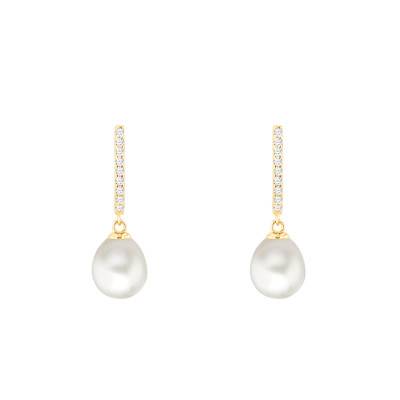 Boucles d'Oreilles Pendantes Perles d'Eau Douce & Zircones en Or Jaune 375 - Emanessence