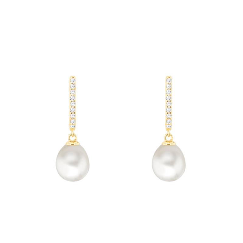 Yellow Gold 375/1000 Cubic Zirconia & Freshwater Pearl Drop Earrings - Emanessence