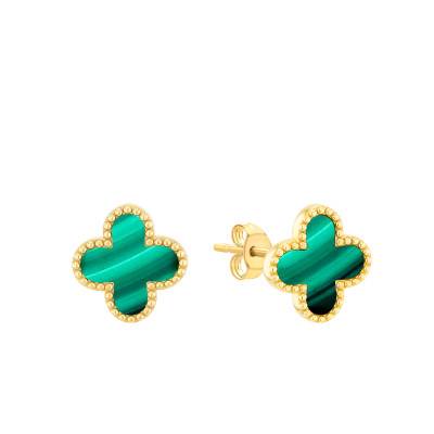 Boucles d'Oreilles Pétales Cloutés & Malachites en Or Jaune 375 - Emanessence