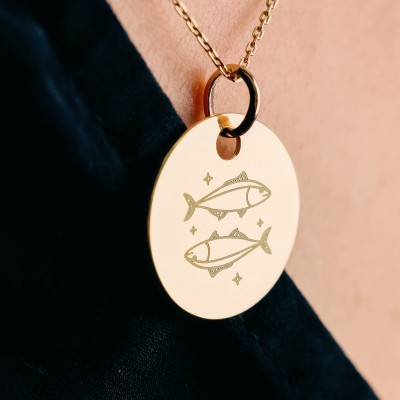 Médaille Zodiaque Poissons & Etoiles Plaqué Or Jaune, Diamètre 19 mm - Lumiosa