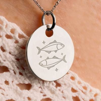 Médaille Zodiaque Poissons & Etoiles en Argent 925, Diamètre 19 mm - Lumiosa